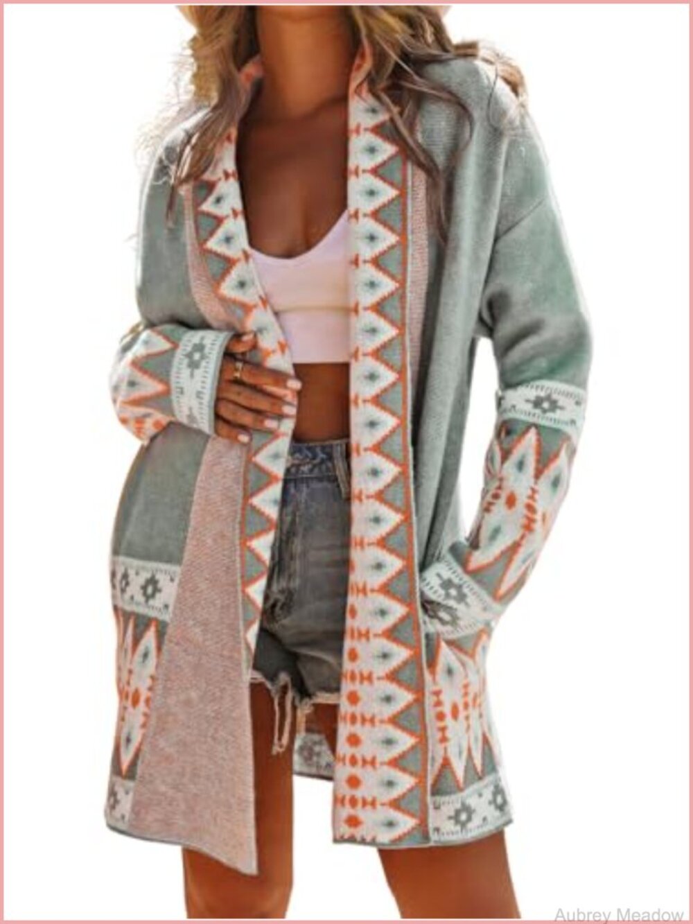 Aztec Print Jacquard Knit Open Front Cardigan Lapel Long Sleeve Boho Sweater